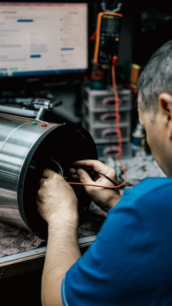 Professional technician examining and repairing industrial machinery in a workshop.